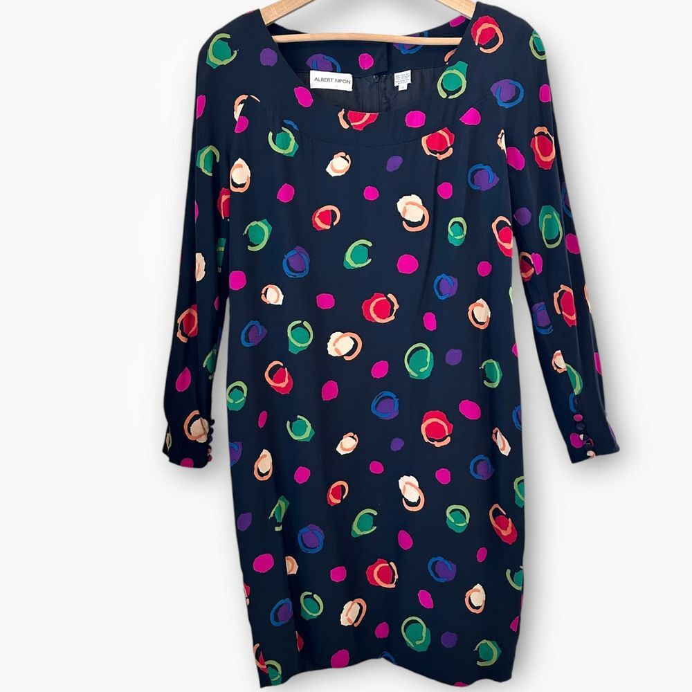 Vintage Albert Nipon Silk Pencil Dress Multicolour Dots Easter ‎ 1980's Size 12